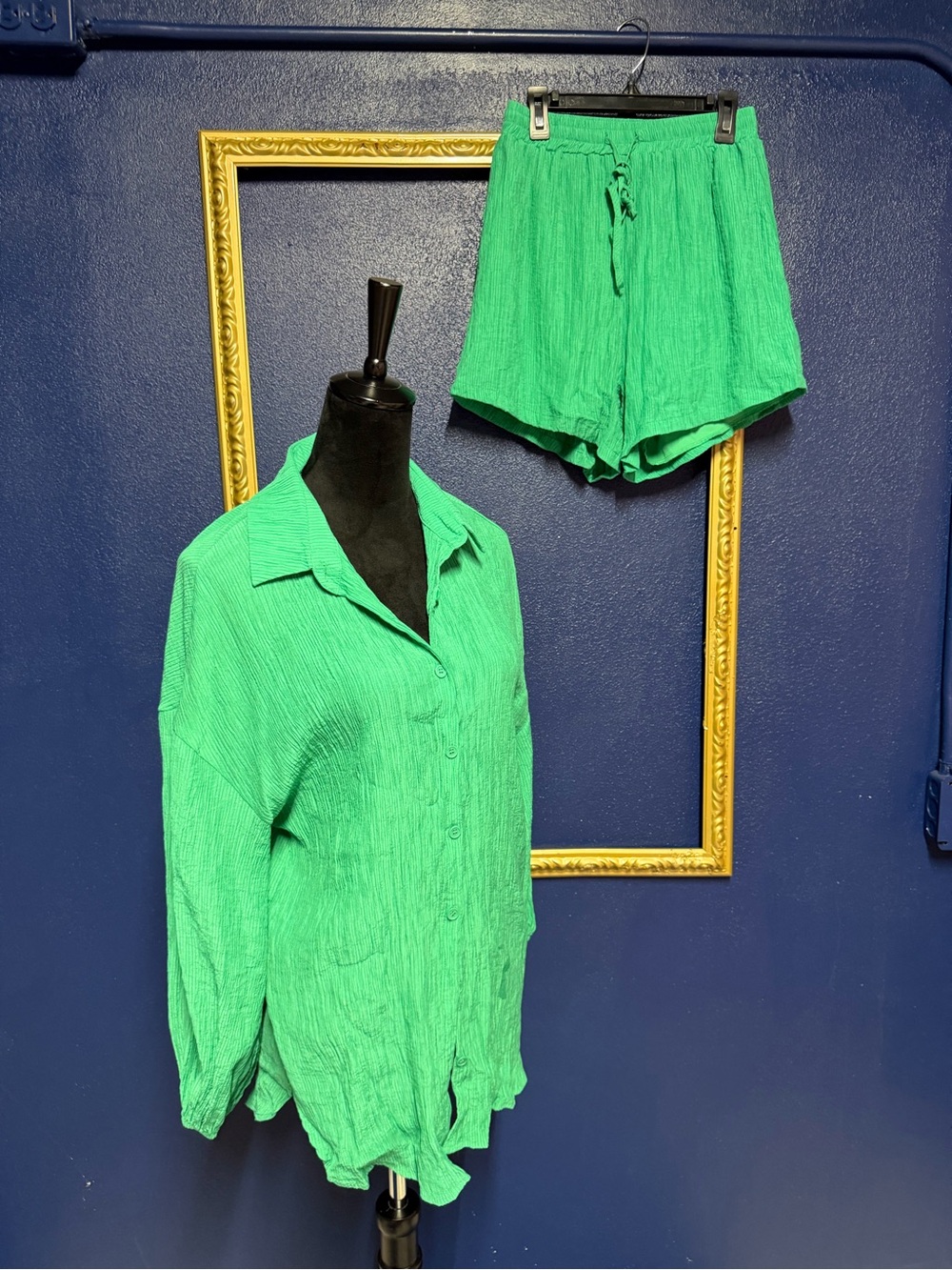 Bright Green Crinkle Button-Up Shirt & Drawstring Shorts Set